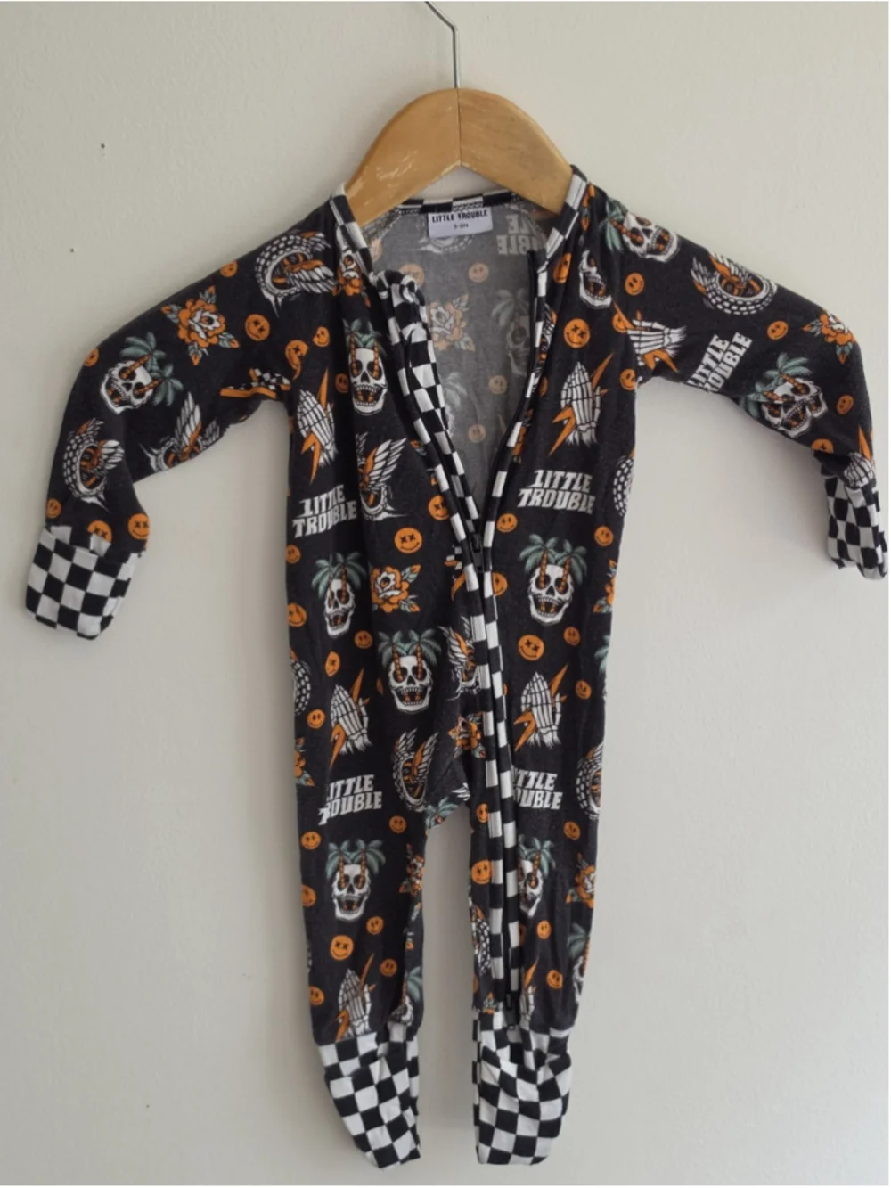 Little Trouble Skull Checkered Bamboo Viscose Zipper Pajamas Romper Sleeper